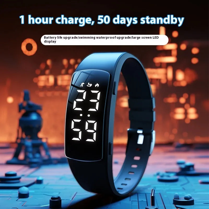 Vibration alarm waterproof electronic watch with coloured silicone strap and LED display.