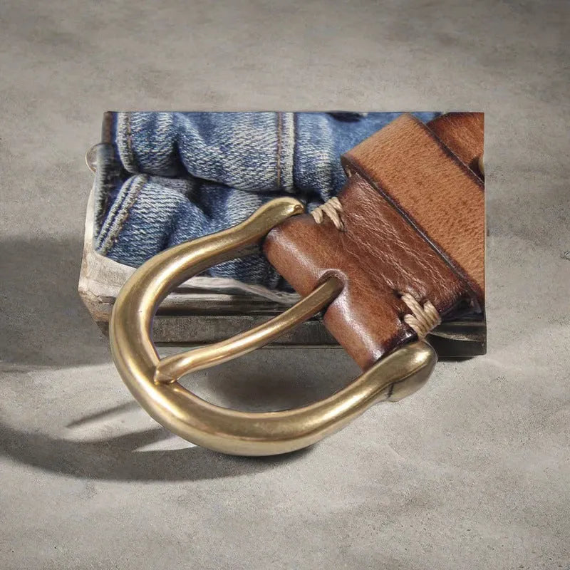 Men's casual jeans belt in cattlehide leather with copper buckle in black, brown, or khaki