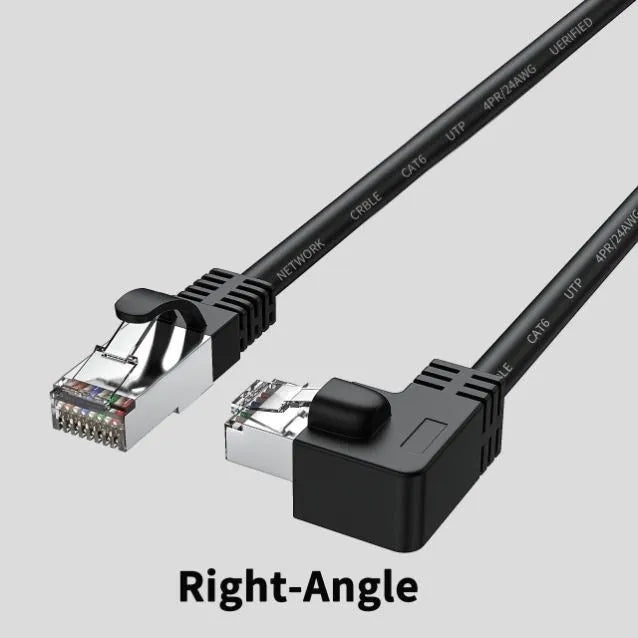Right-angle Cat6 Ethernet cable with metal RJ45 connectors in various colours and lengths