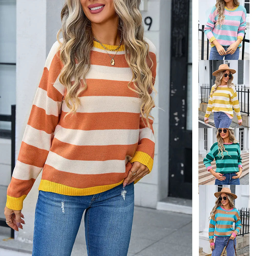 Women's loose fit long sleeve acrylic sweater in blue, round neck