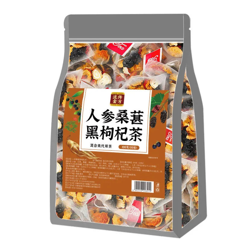 Ginseng Black Wolfberry Tea package with 40 individual 5g herbal tea sachets