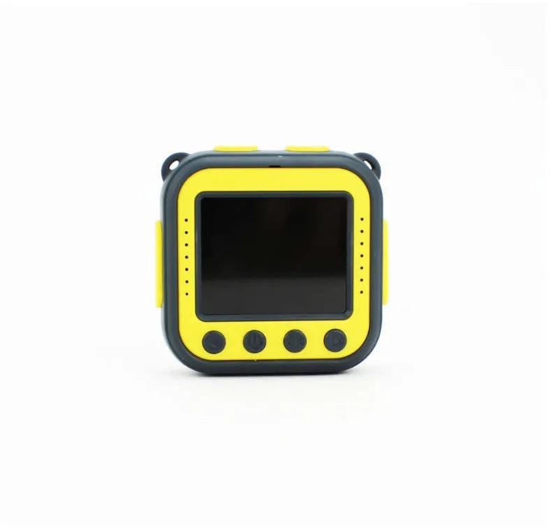 Yellow children's waterproof sports camera showing front with lens and 1.77-inch screen