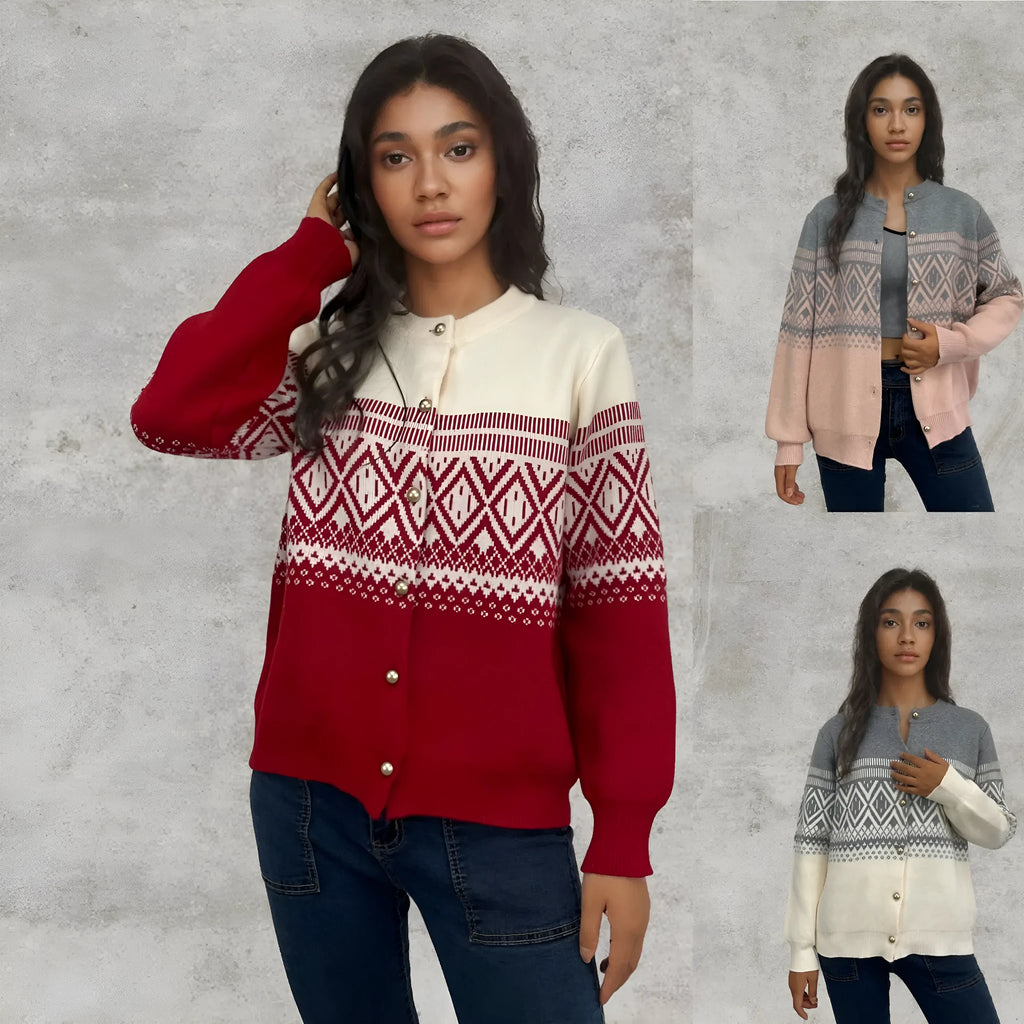 Women's red alpaca wool cardigan with grey diamond knit pattern and long sleeves