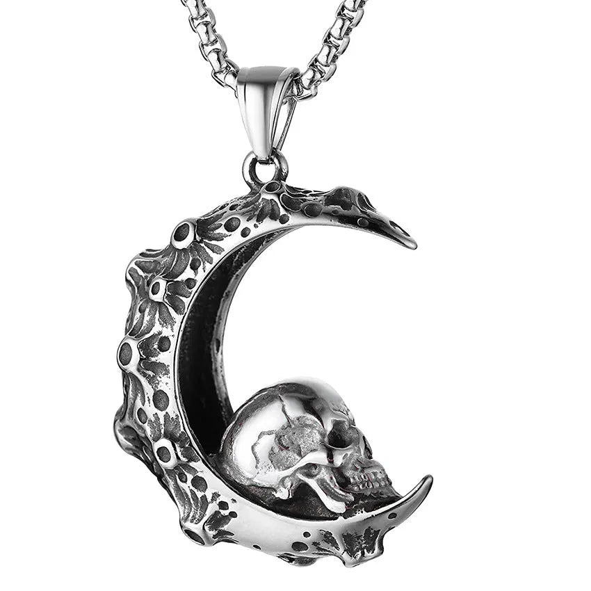 Men's stainless steel skull necklace with electroplated silver finish showing six pendant colour options