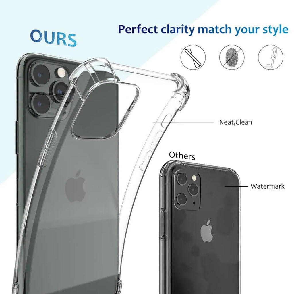 Clear transparent TPU shockproof phone case for multiple iPhone models on a table.