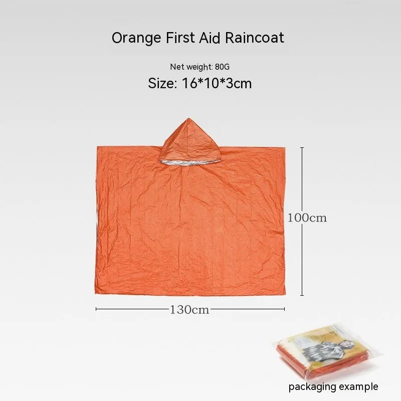 Orange portable disaster relief tent with emergency blanket showing 240cm × 150cm dimensions