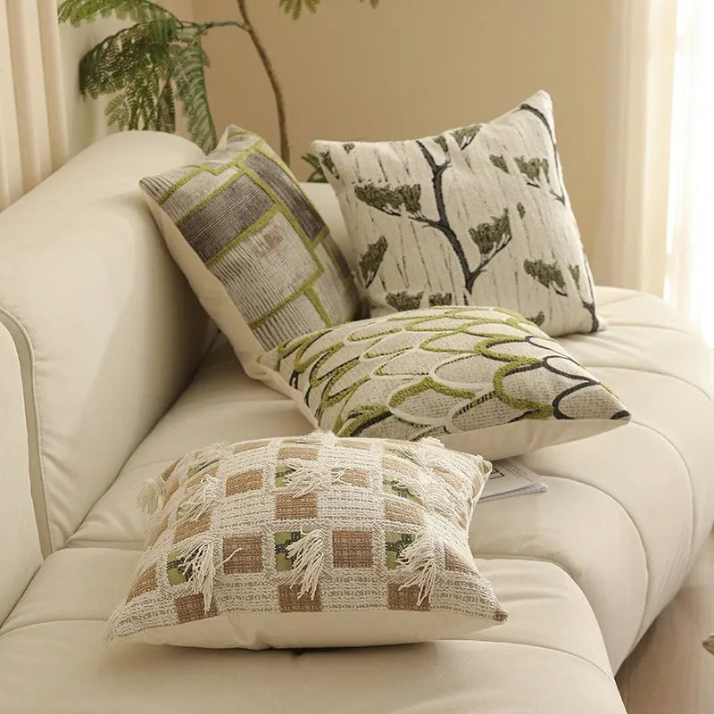 Square 45cm jacquard cushion cover with a detailed woven floral pattern in a retro Nordic style.