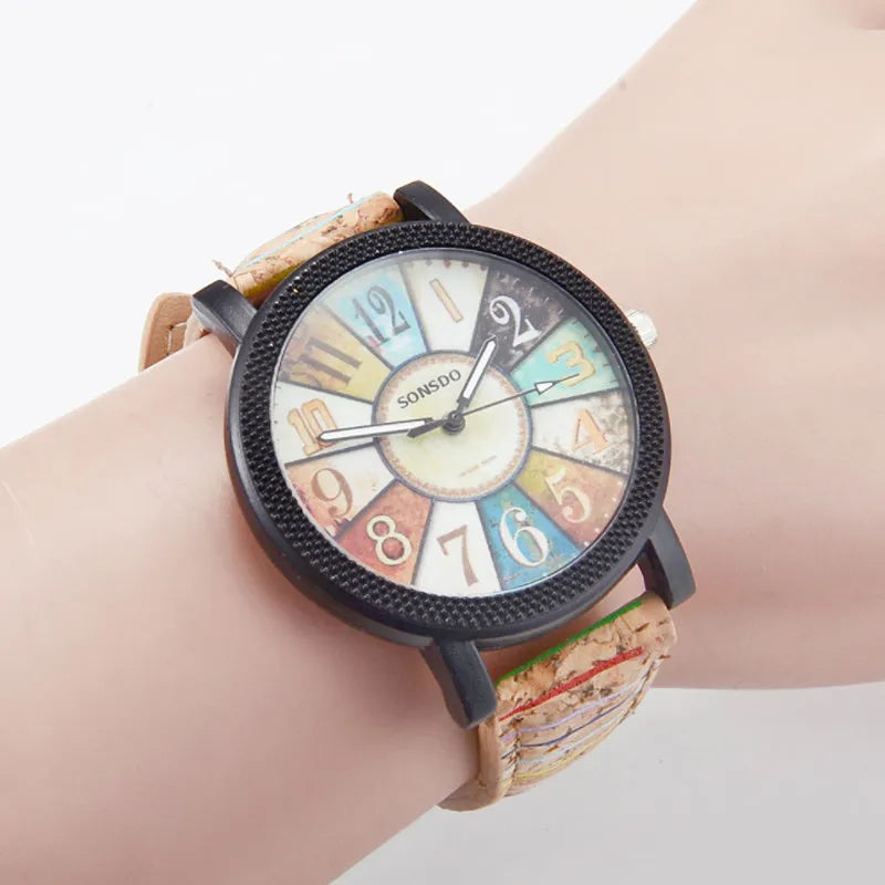 Women's vintage style quartz watch with 37mm round dial on leather strap with stainless steel pin buckle