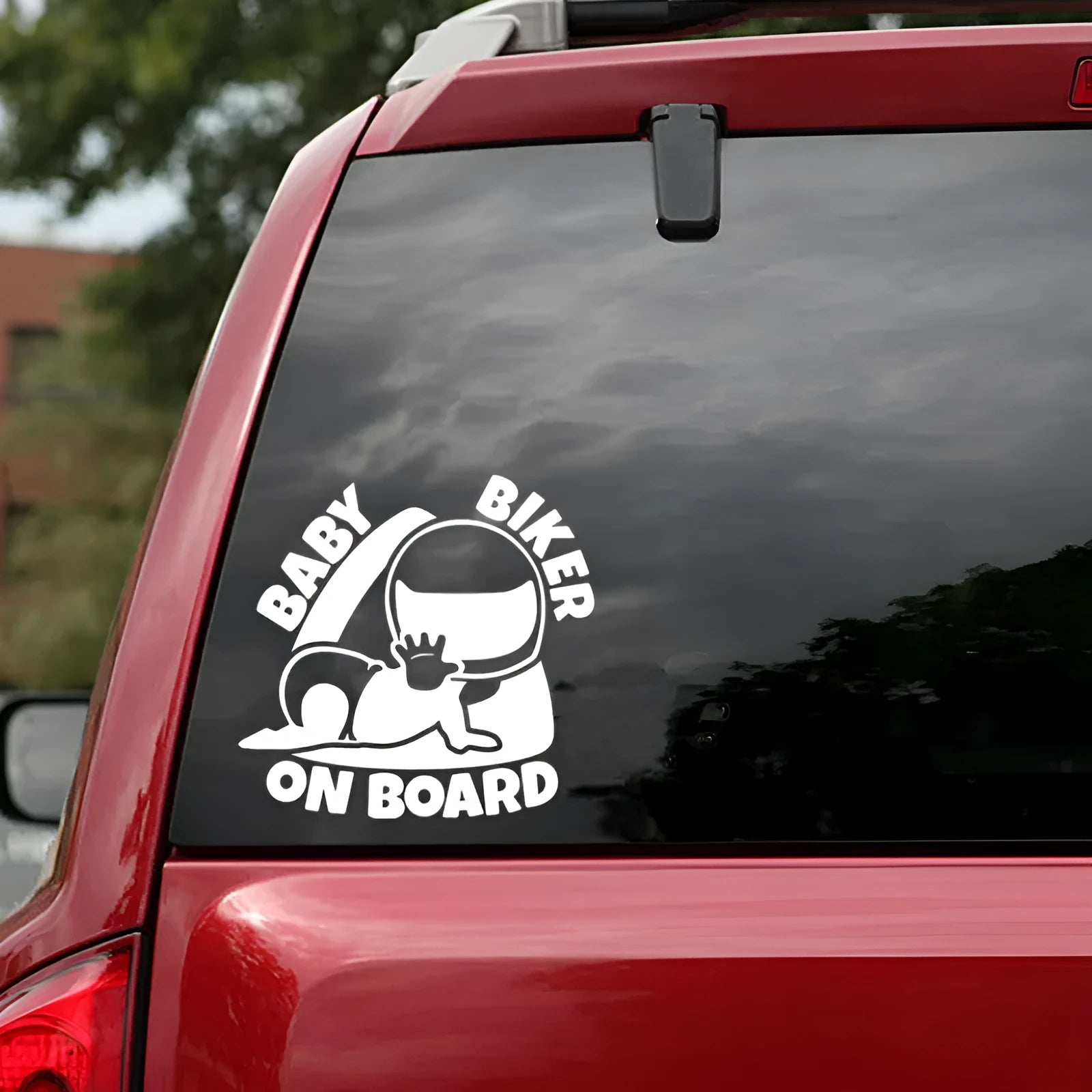 Reflective baby on board car sticker showing 14.5cm x 15cm black and white options