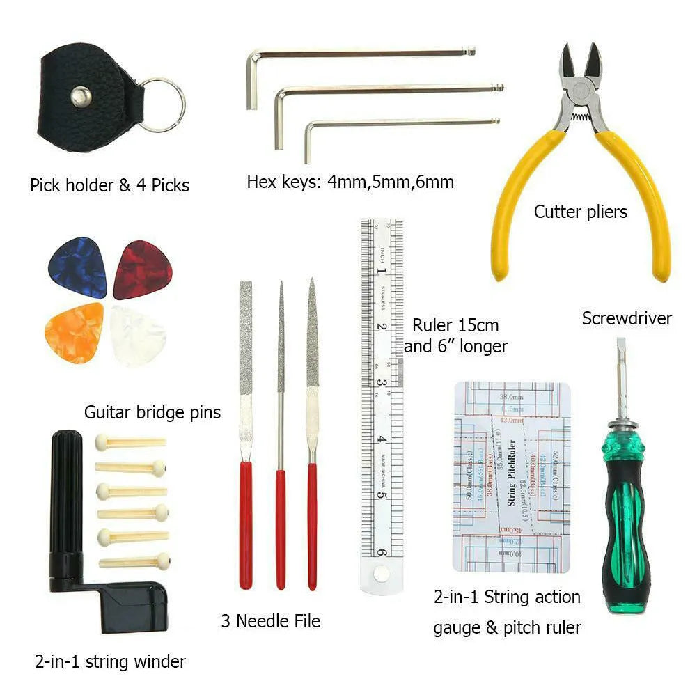Black plastic and metal guitar repair tool kit for guitar, bass, mandolin, banjo.