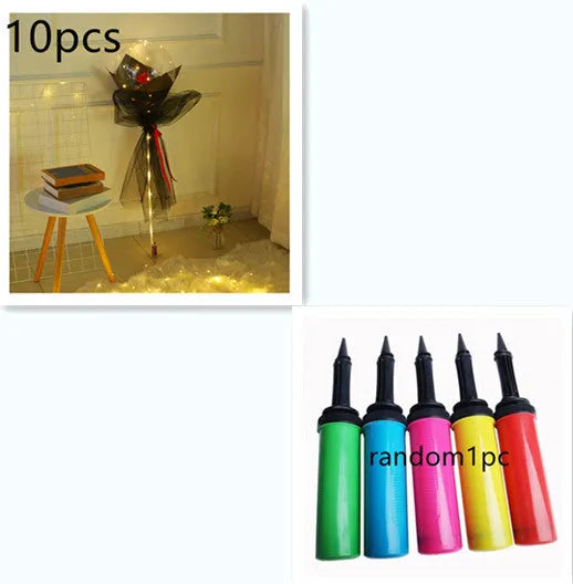 Transparent LED luminous balloon with artificial rose and built-in light, shown as a DIY bouquet kit.