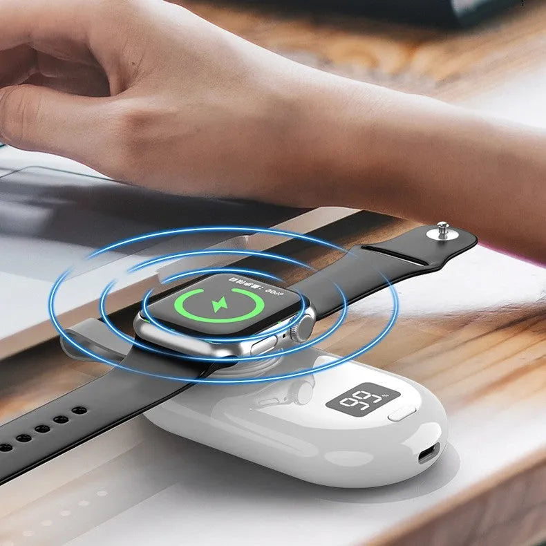 V5 smartwatch wireless power bank in black or white with Type-C port and compact design