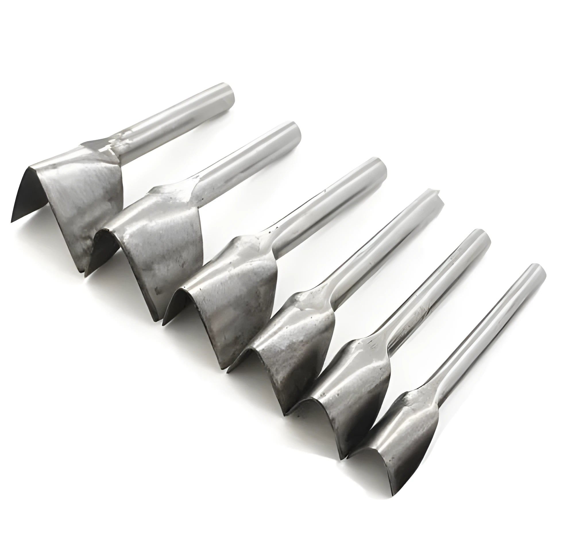 Set of six steel leather craft punch tools with half-round and V-shaped heads in sizes 15mm to 40mm