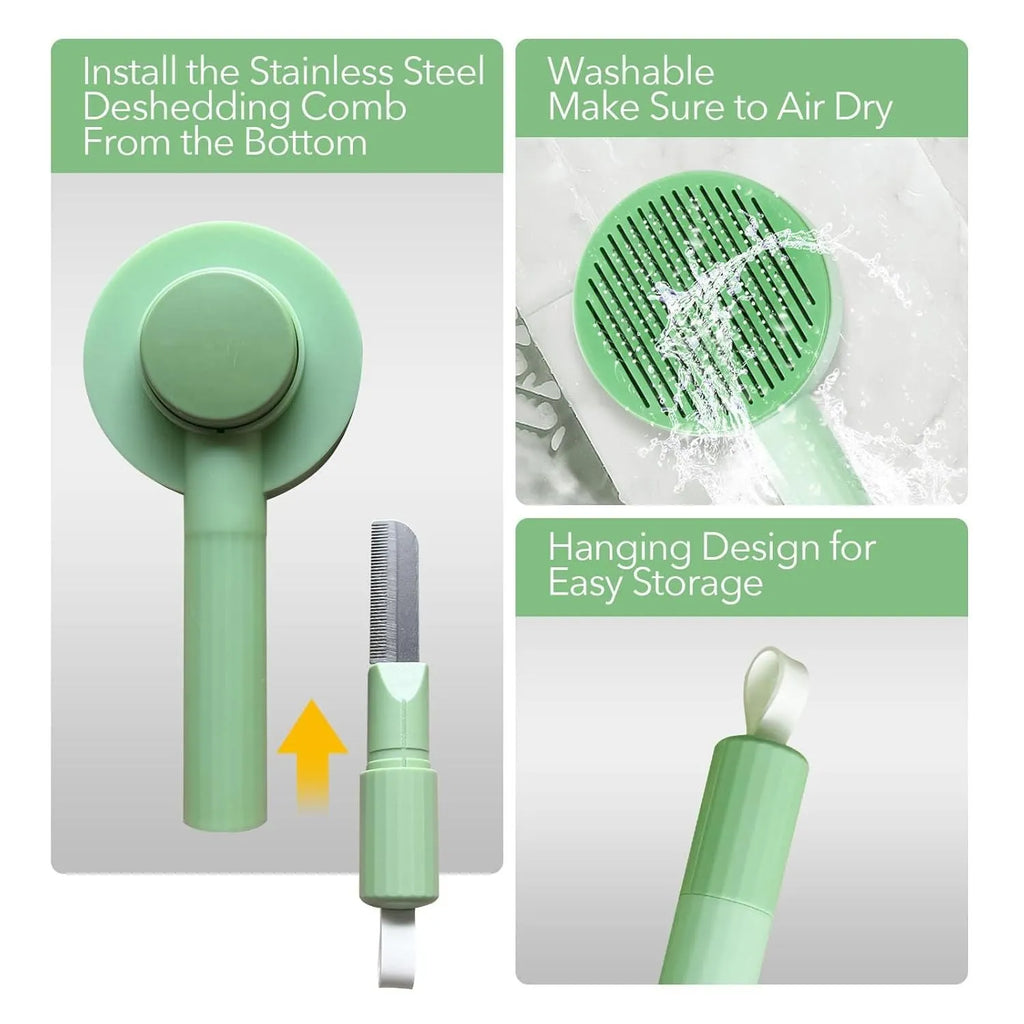 Green and yellow pet grooming brush with stainless steel bristles for cats and dogs
