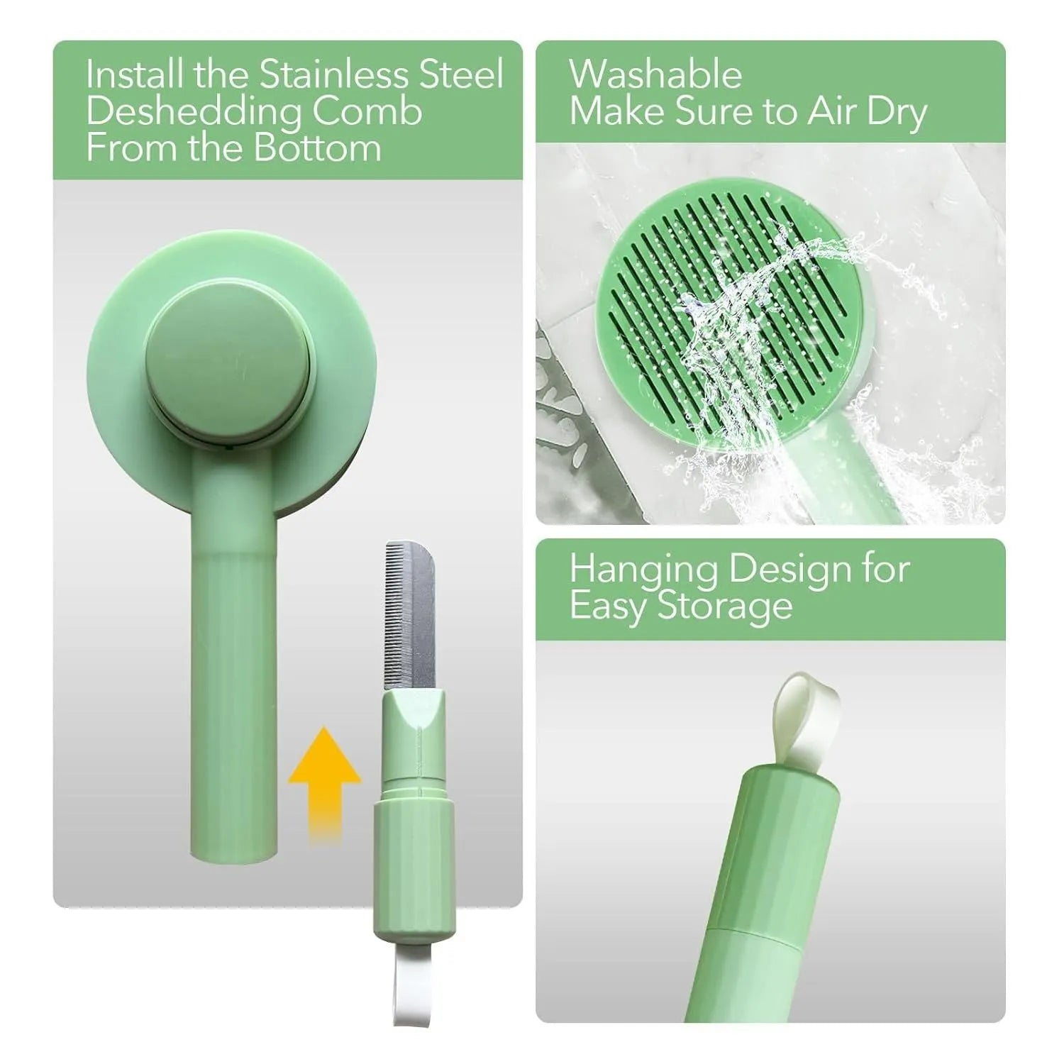 Green and yellow pet grooming brush with stainless steel bristles for cats and dogs