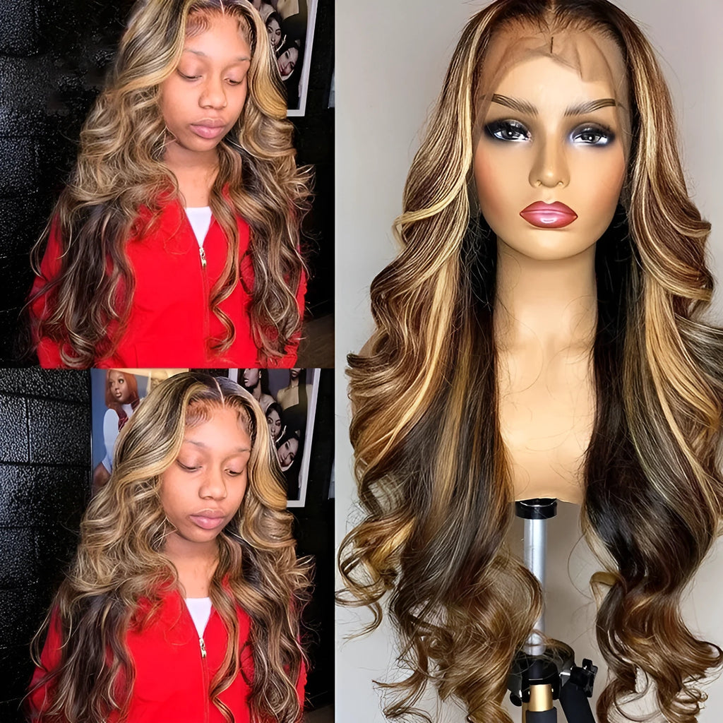 Front lace gradient colour wig with long curly hair and side bangs for face shape modification