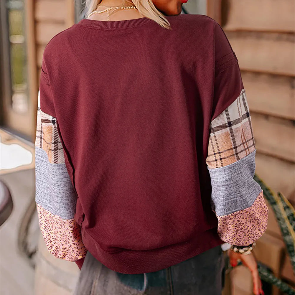 Women's loose fit plaid stitching long-sleeved polyester top in apricot colour