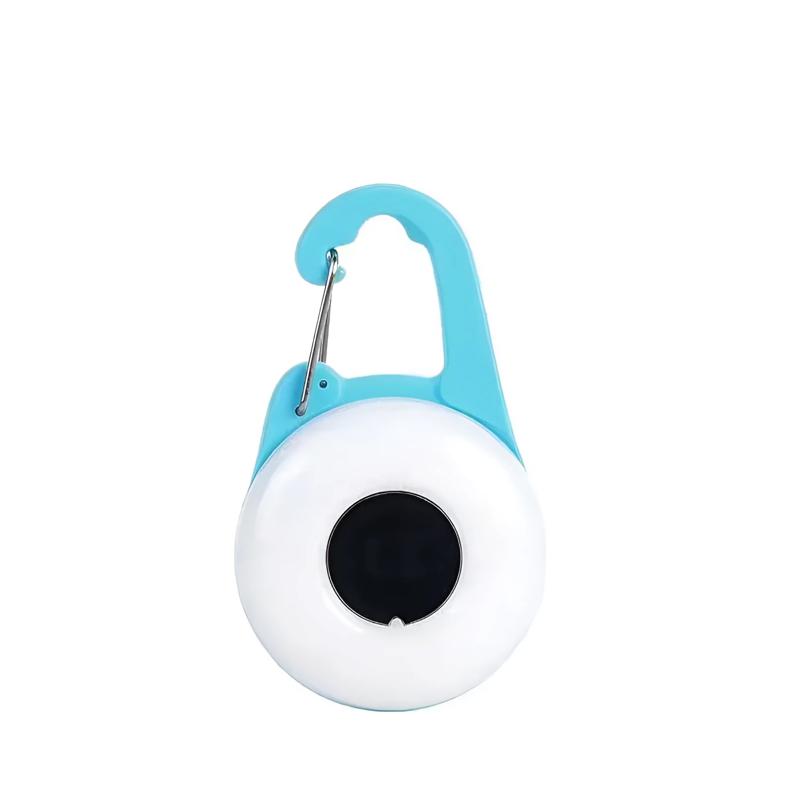 Blue rechargeable LED dog collar light with adjustable silicone strap attached to a collar