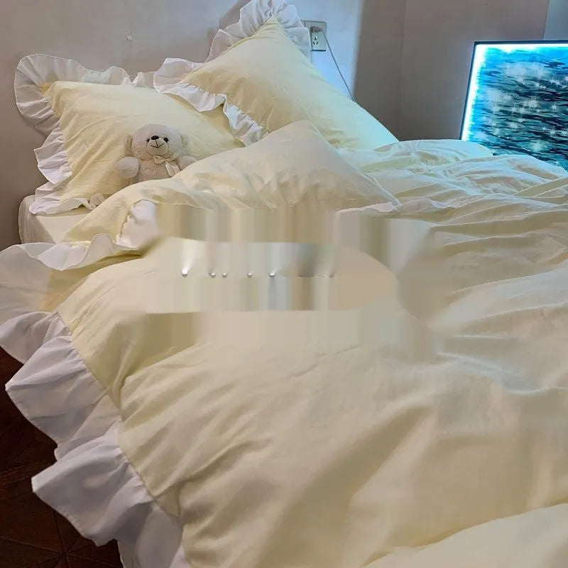 Mori style washed cotton four-piece bedding set in a solid colour lace shade, showing quilt cover and pillowcases.