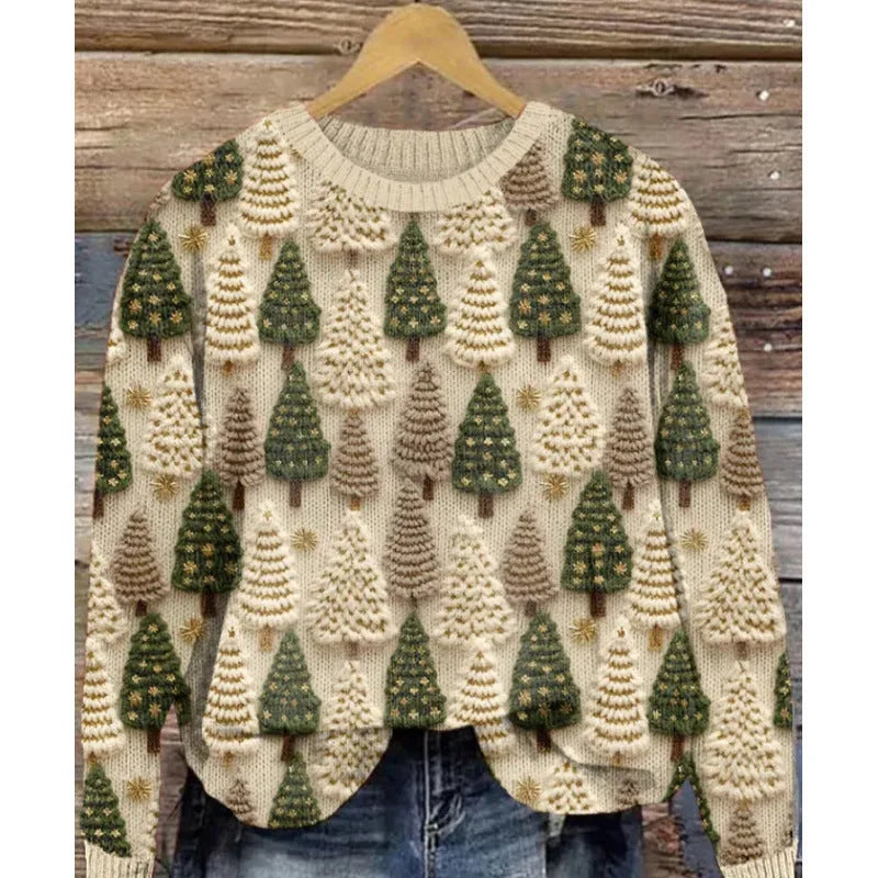 Women's round neck sweater with a small digital floral print in a solid colour.