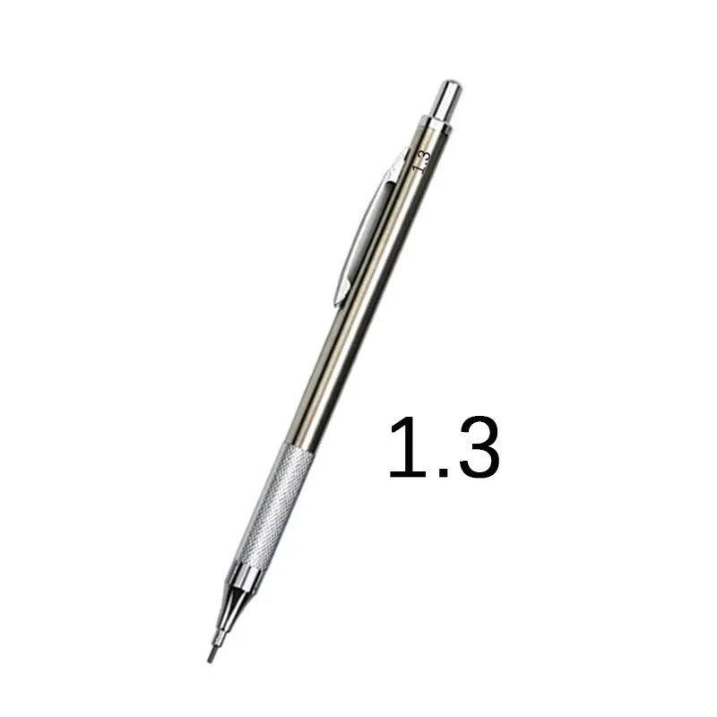 Metal automatic mechanical pencil with various lead specifications displayed