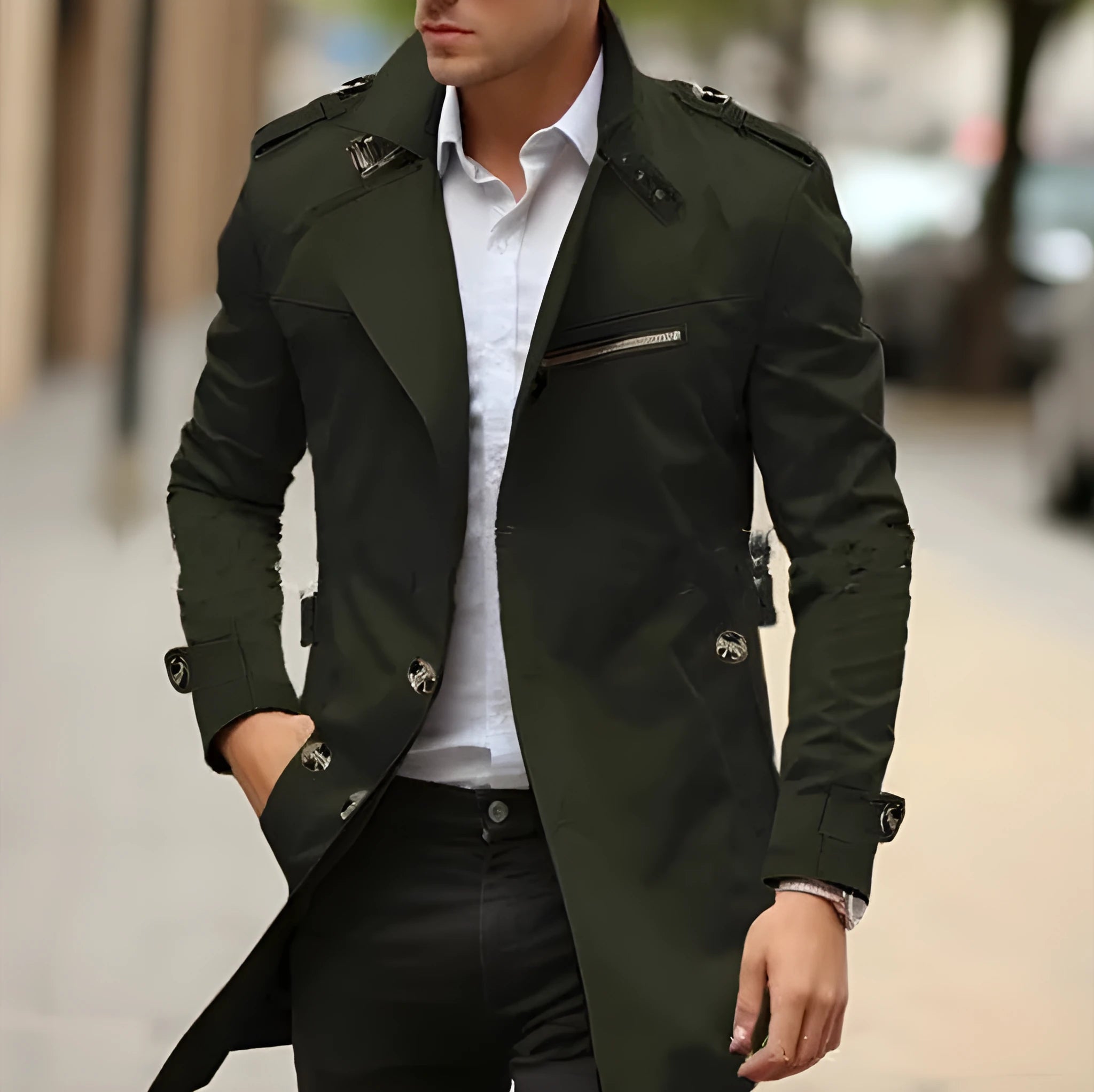 Men's mid-length lapel casual jacket in army green colour with side seam pockets.