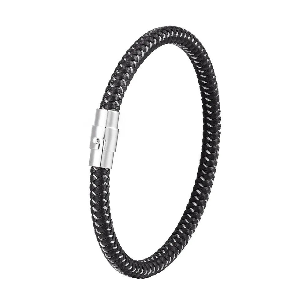 Titanium steel geometric wire bracelet with magnetic clasp on a wrist, showing unisex boyfriend style.