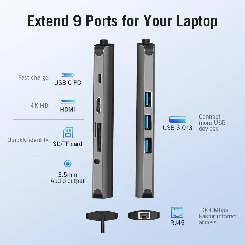 Deep grey USB-C to multi-port hub adapter with HDMI, Ethernet, USB ports and card readers