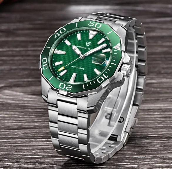 Men's mechanical watch PD-1617 with stainless steel case and strap, silver dial, black details, 14.3mm dial