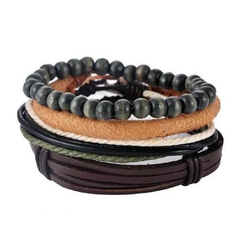 Adjustable leather punk wrap bracelet with wooden beads and multilayer design