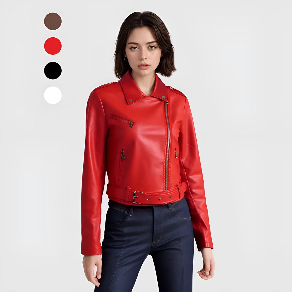 Women's red PU leather biker jacket with lapel collar and removable waist belt on a hanger.