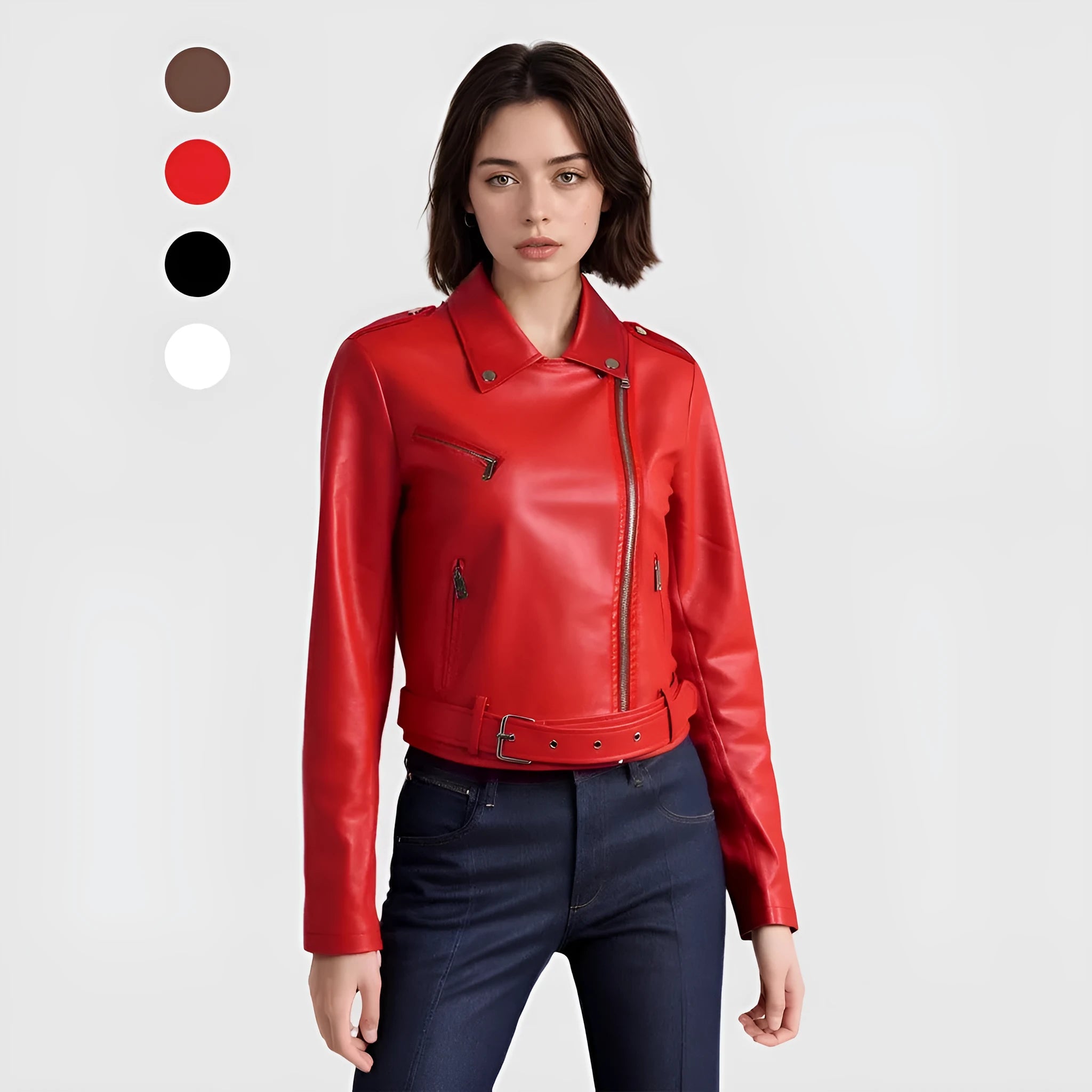 Women's red PU leather biker jacket with lapel collar and removable waist belt on a hanger.
