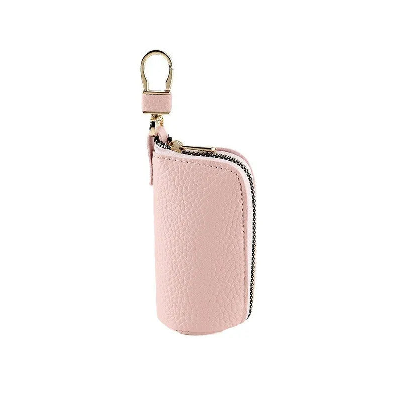 Men's simple PU leather zipper key case in black, gray, or pink colours with waterproof storage