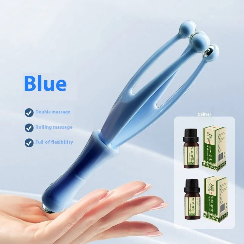 Blue and white finger massager with steel ball rolling mechanism for hand joint care.