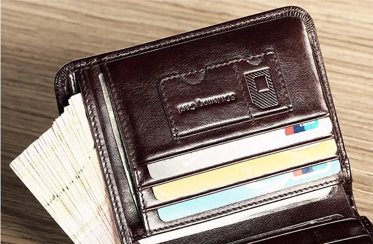Men's leather wallet showing internal compartments including card slots, hidden pocket and photo position