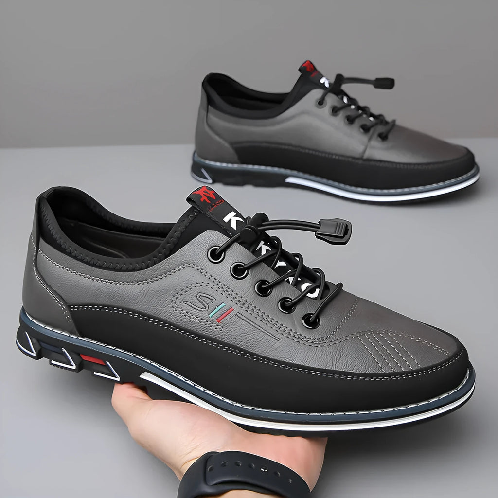 Genuine leather men's sports shoes black colour with vulcanised rubber sole and buckle closure