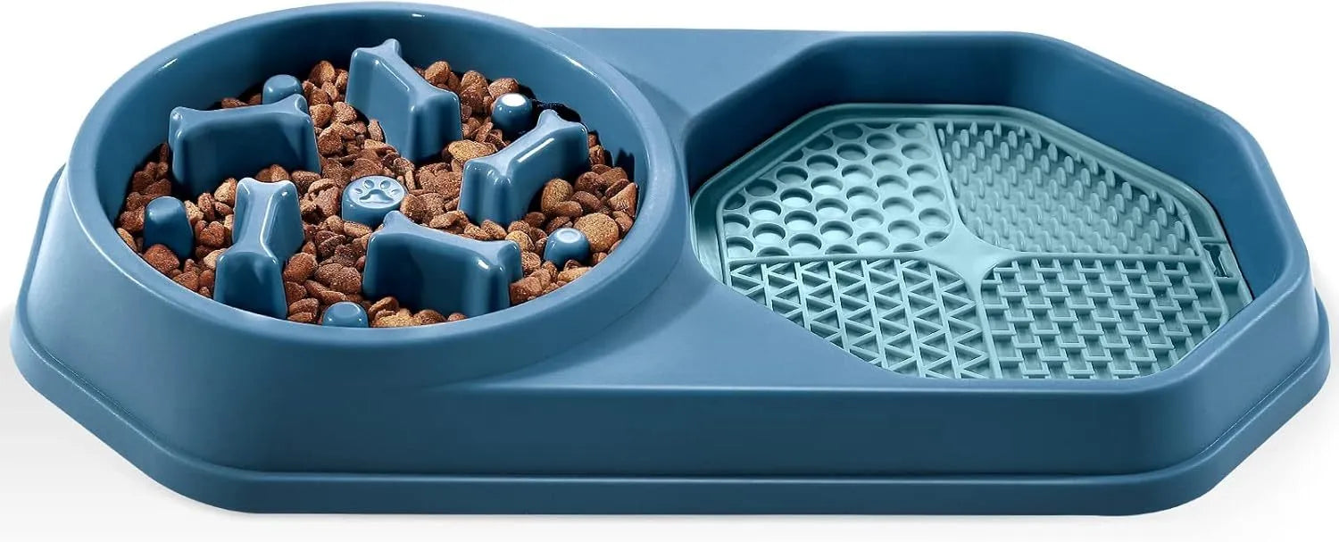 Blue slow feeder puzzle dog bowl with maze pattern and non-slip base