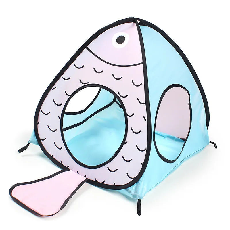 Foldable pet tent connected to tunnels in cat and fish colours for small cats