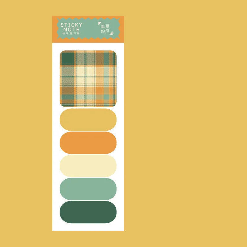 Colourful memo pad with plaid design sticky notes showing six different patterns