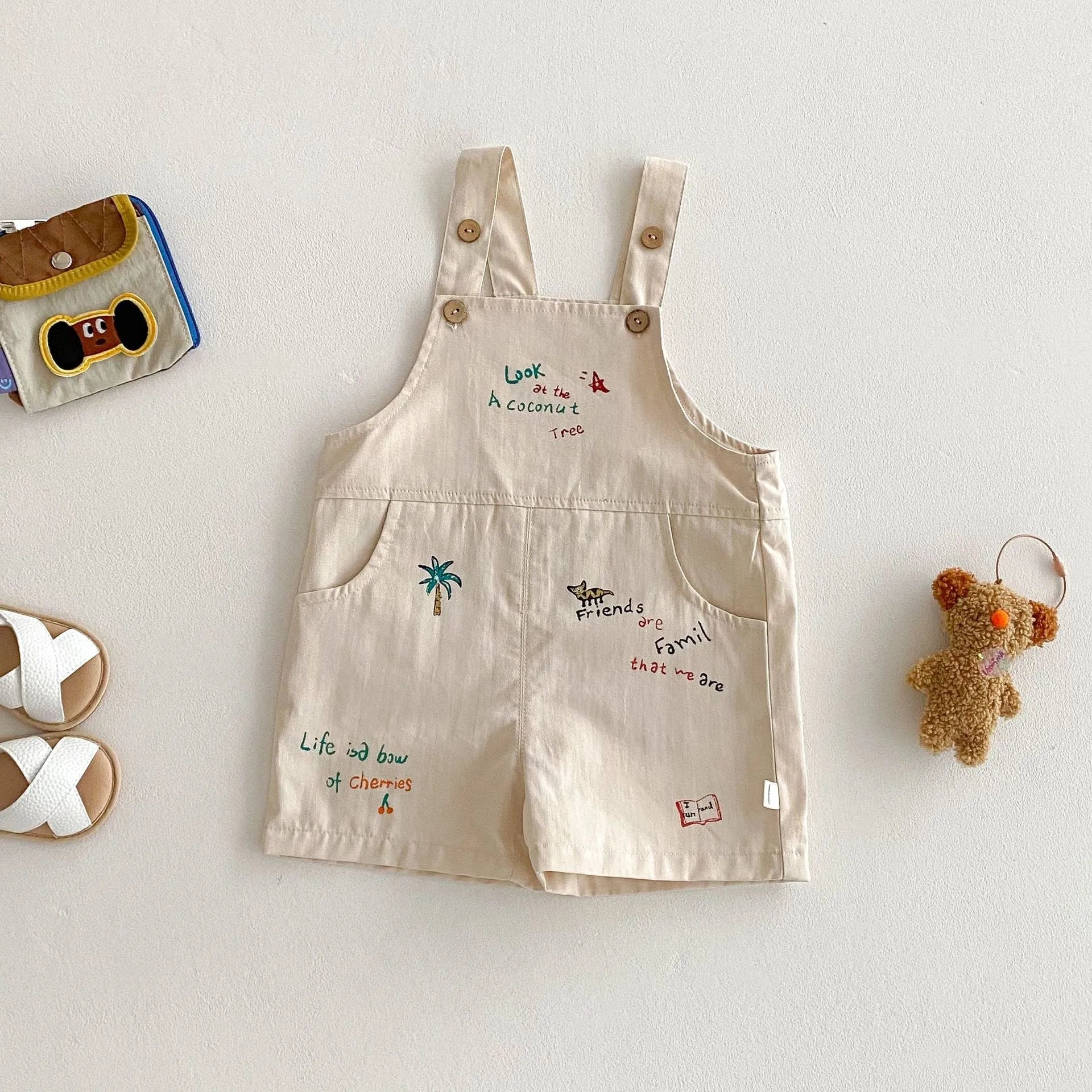 Baby cotton sleeveless t-shirt and suspender pants set in Korean style with cartoon element, available in dark gray avocado green warm apricot khaki green