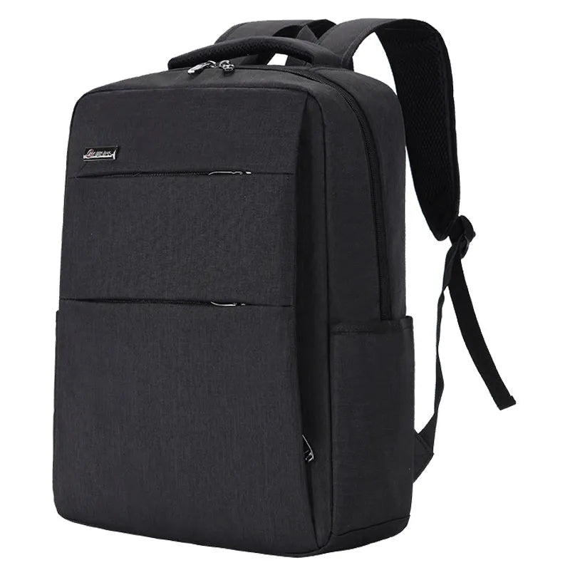 Waterproof rechargeable laptop backpack in black showing shoulders style design with Oxford cloth construction