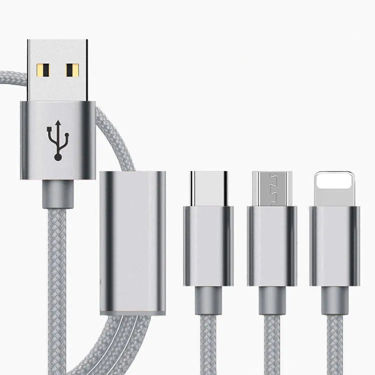 Black three-in-one Micro USB charging cable with three connectors, measuring 1.2 metres long.