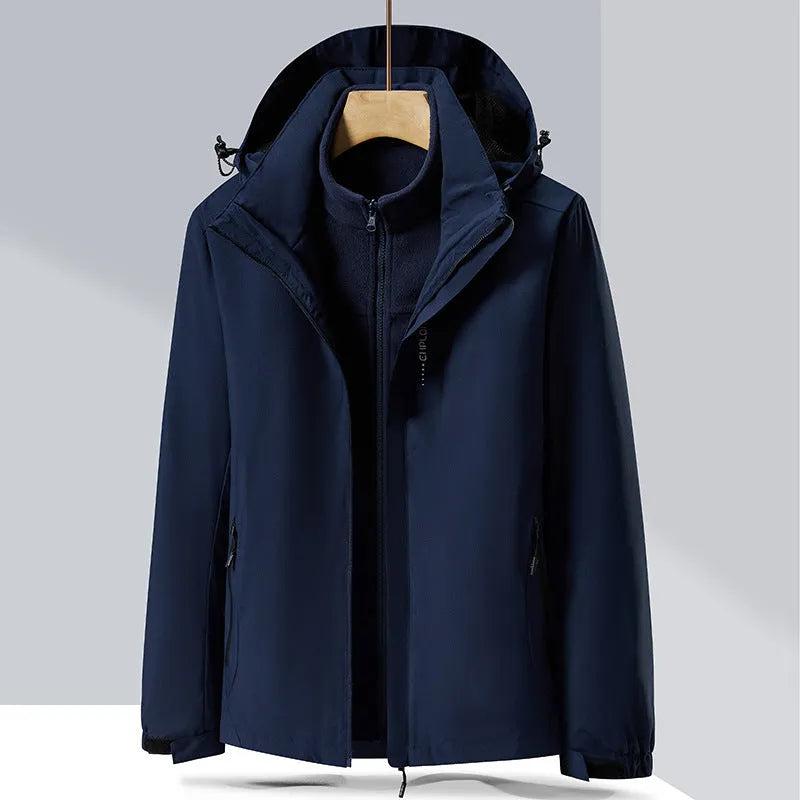 Men's black waterproof mountaineering suit with removable jacket and fleece lining