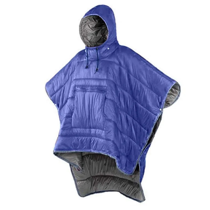 Army green outdoor cloak sleeping bag with wearable design showing 200x140cm dimensions