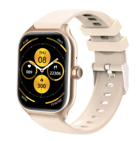 Bluetooth smart watch with touch screen display showing heart rate and step count data