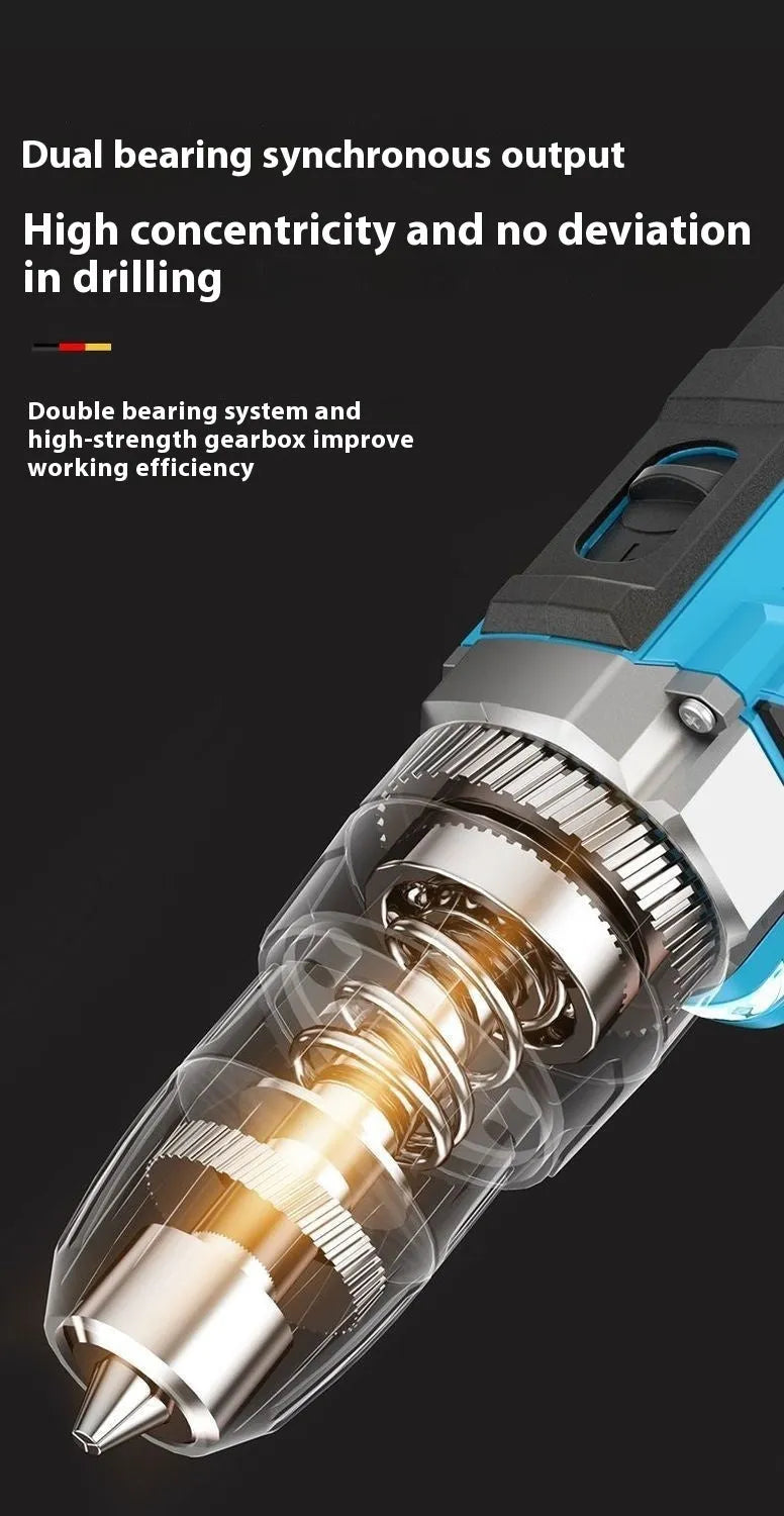 12V two-speed impact pistol drill and electric screwdriver set in a plastic storage box