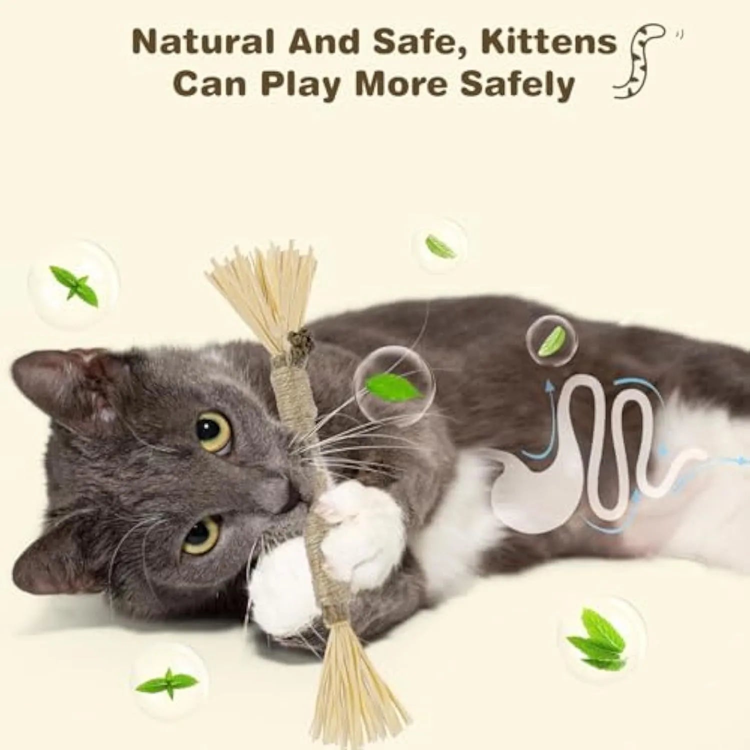 A 3 pack of natural silvervine chew sticks for cats on a wooden surface, showing thick and fine diameter options.