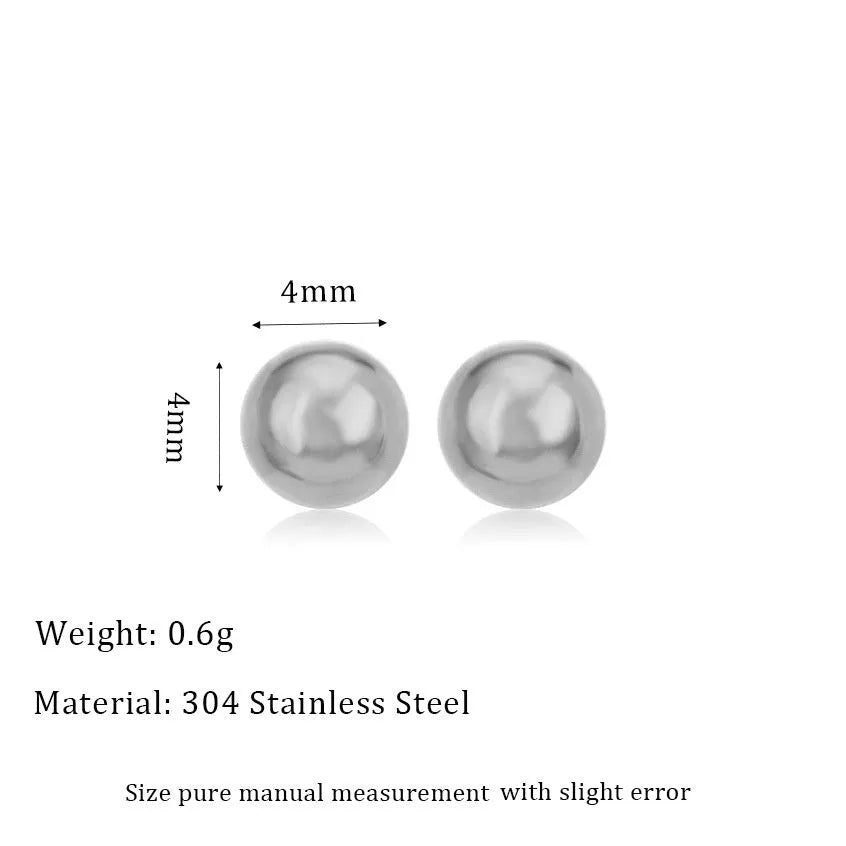Stainless steel round ball stud earrings on a white background, showing gold and silver plated options.