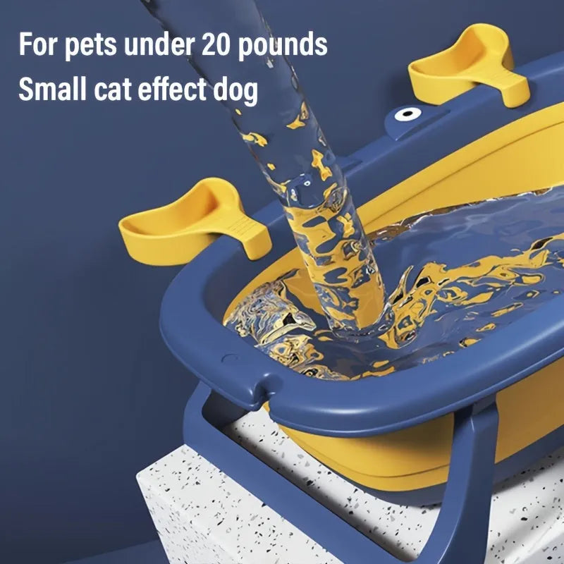 Blue foldable portable pet tub for small dogs and cats under 20 pounds.