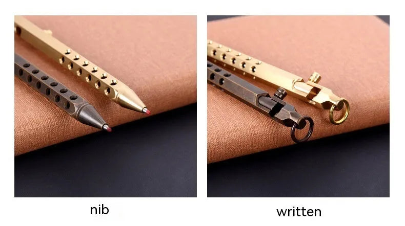 Brass hexagonal bolt pen showing six-sided barrel and bolt detailing with 0.5mm rollerball tip